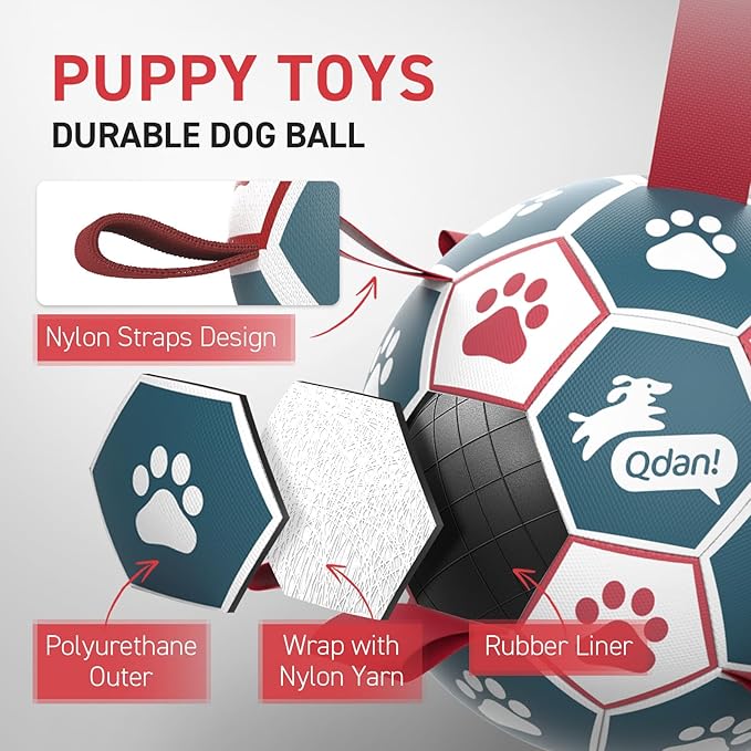 QDAN Premium Dog Balls Toys, Pet Training Soccer Ball with Straps, Puppy Birthday Gifts, Dog Water Toy, Durable Herding Balls for Small Medium Dogs, Pet Toys Puppy Ball (6 Inch)