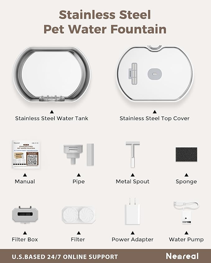 Cat Water Fountain Stainless Steel - Pet Drinking Fountain for Cats Indoor - 2.2L/74oz Automatic Water Dispenser with Watering Level Window (4 Filters)