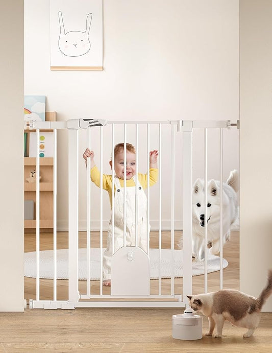 Babelio 36" Tall Auto Close Baby Gate with Small Cat Door, 29-43" Metal Cat Gate for Doorway, Stairs, House. Easy Walk Thru Dog Gate with pet Door, Includes 4 Wall Cups and 3 Extension Pieces, White