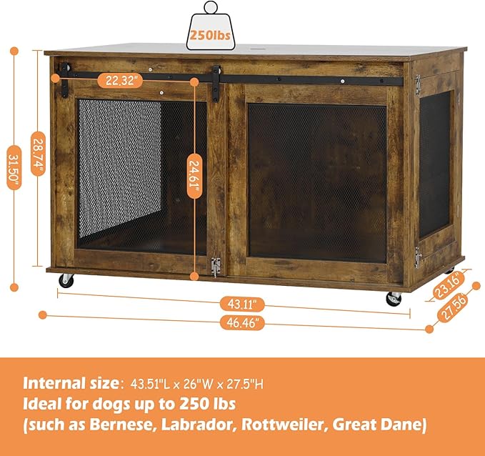 LINLUX 47 Inch Large Dog Crate Furniture, Wooden Heavy Duty XL Dog Kennel Indoor, Decorative Dog Cage Table for Large Dogs, with Sliding Doors, Wheels and Flip-top Plate, Rustic Brown
