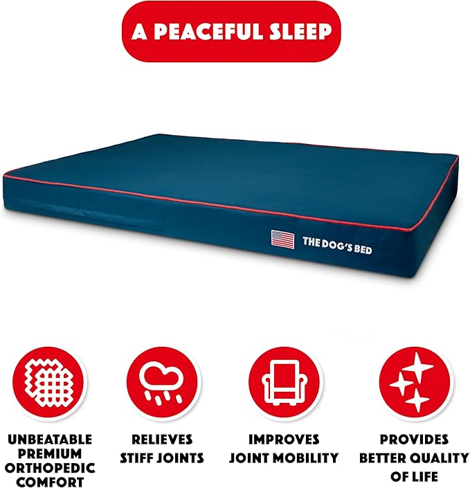 The Dog’s Bed Orthopedic Memory Foam Dog Bed, XXXL Blue Oxford with Red Trim USA Flag 64x44, Pain Relief for Arthritis, Hip & Elbow Dysplasia, Post Surgery, Supportive, Calming, Waterproof Washable