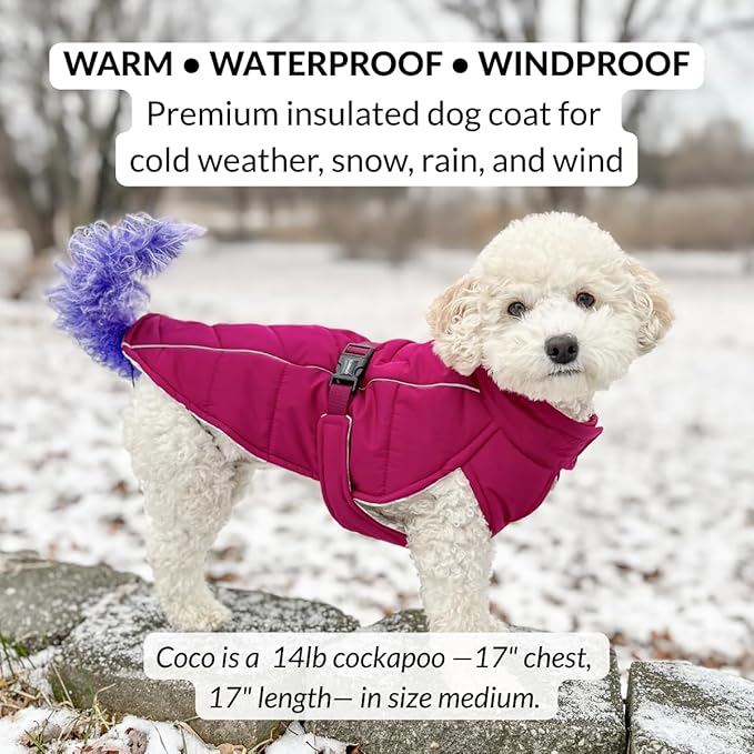 DJANGO Insulated Puffer Dog Jacket with Harness Hole – Warm, Water-Repellent Winter Dog Coat Large Dogs – Adjustable, Reflective Cold Weather Dog Apparel for Fall, Snow, Rain – Hibiscus Pink, Large