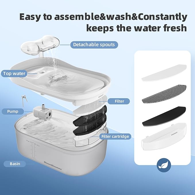 2.3gal/300oz/9L Ultra Quiet Pet Running Water Fountain for Large/Medium Dogs Inside Automatic Dog Water Bowl Dispenser Cat Drinking Fountain Waterfall with Cleaning Kit/3Filters (White)