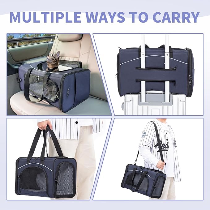 Petsfit Airline Approved Pet Carrier for Small Dogs & Cats, 18x8x11 TSA Approved Carrier, with Removable Dual-Sided Padding (2-Way Placement) - Fits Under Most Airplane Seats, Escape Proof (Navy)