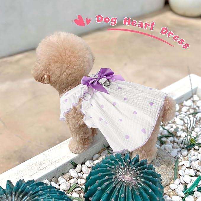 2 Pack Dog Dress Clothes for Small Dogs Girl with Leash Ring&Bows Puppy Cat Clothes Heart Print Cat Dog Outfit Dresses Ruffled Summer Pet Apparel Holiday Birthday Small