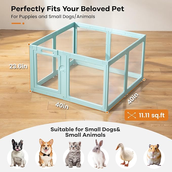 Clear Acrylic Dog Playpen Indoor, Puppy Cat Small Pet Play Pen, Pet Cat Foldable Playpen for Rabbits, Dog Fence Crate Kennel Whelping Cage (Green, 8 Panel)
