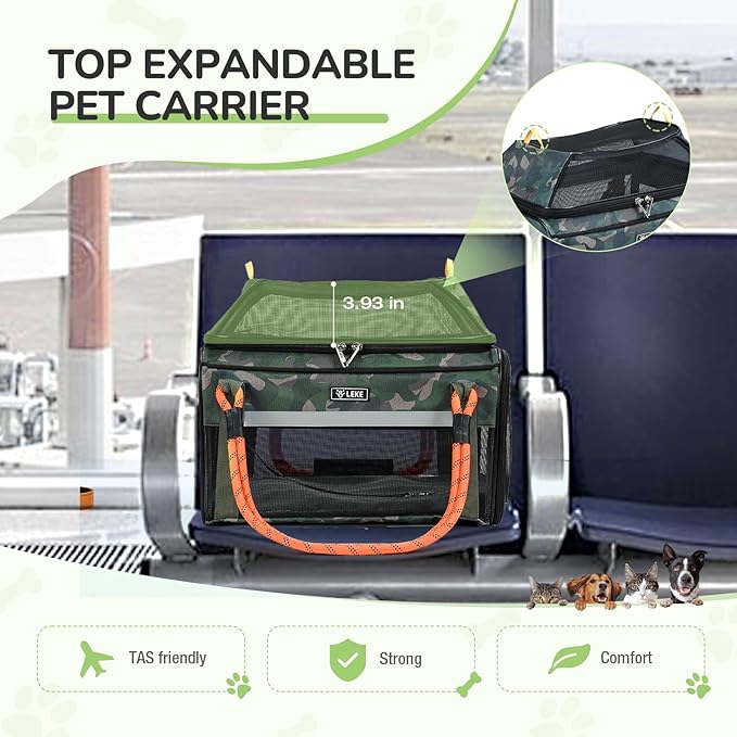 Lekereise Top Expandable Pet Carrier TSA Airline Approved Soft Sided Underseat Up to 12lbs Travel Carriers for Small Cats and Dogs with Convertable Dog Leash and Anti-Scratch Mesh