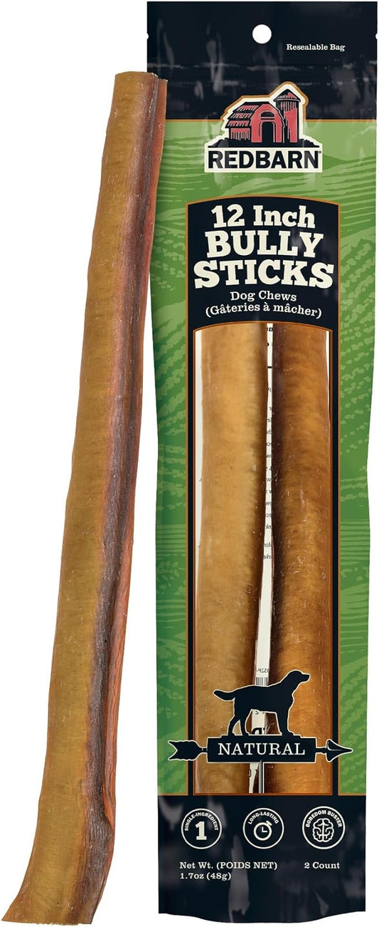 Redbarn Pet Products All-Natural 12" Large Bully Sticks for Dogs - Premium Grain-Free & Rawhide-Free Single Ingredient Long Lasting Low Odor Dental Treat for Chewers - 2 Count