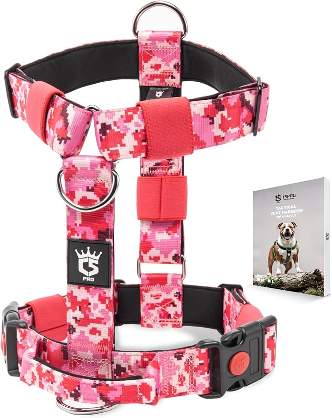 TSPRO Heavy Duty Premium Tactical Dog Harness for Large Dogs, No Pull, Adjustable Fit, Quick-Release Buckle, Padded Handle, Perfect for Hiking, Walking, Running & Training (Camo Pink L 25)