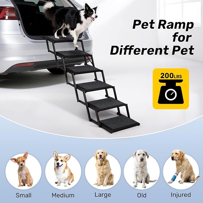 Dog Steps for Car, Truck and SUV - Foldable Pet Stairs for Large Dogs with Non-Slip Rug Surface, Lightweight Dog Ramp Holds Up to 250lbs, 6 Steps