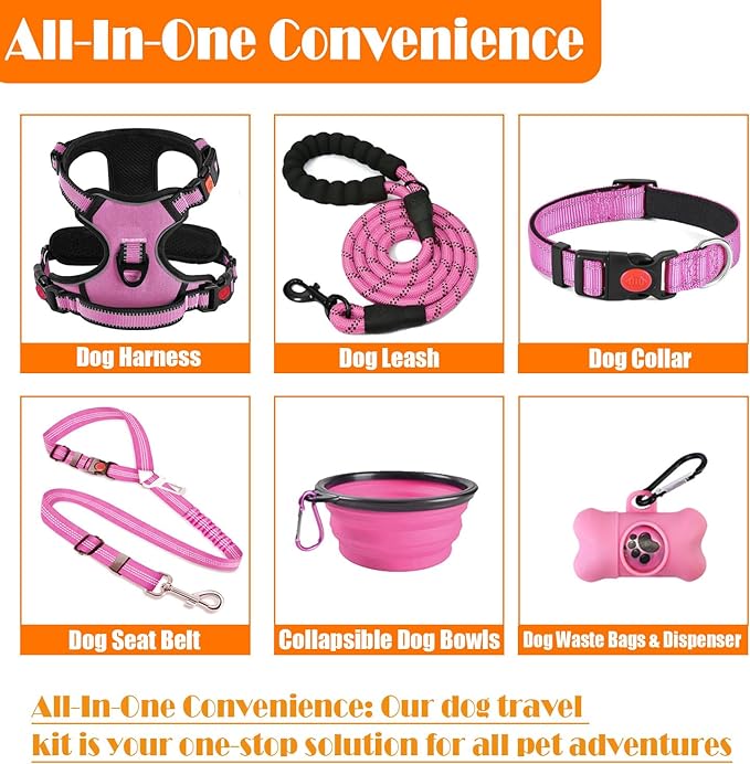 No Pull Dog Harness, Collar & Leash Set | Includes Dog Seat Belt, Collapsible Bowls & Poop Bag Dispenser. Ideal for Training, Walking, Hiking. Fits Small to Large Dogs(Pink-XL)