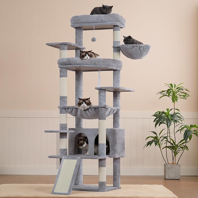 Heybly Tall Cat Tree for Large Cat, 80-inch Multi-Level Cat Tower for Indoor Cats with Large Baseboard, Condo Furniture with 2 Widened Plush Perches,Scratching Board and Big Caves, Light Gray HCT038W