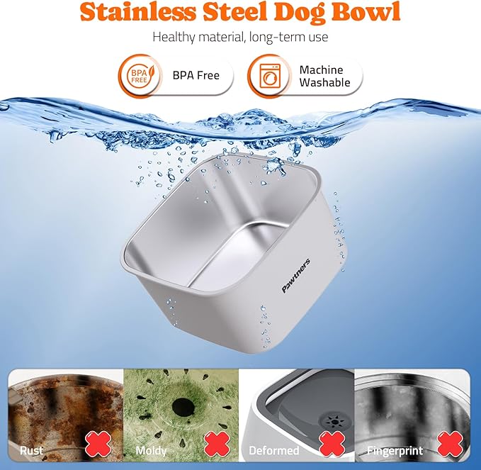 Dog Water Bowl No Spill, 4.5L Stainless Steel Dog Floating Bowl, Slow Water Bowl for Dog with Filter, Non-Slip Base, No Splash Water Bowl for Medium Large Messy Drinkers White