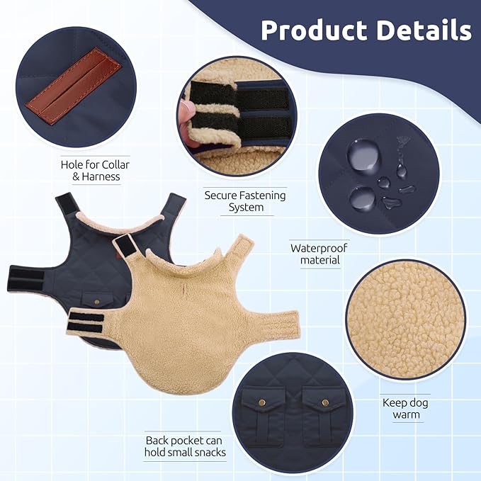 ASENKU Warm Dog Winter Coat Fleece & Turtleneck Dog Puffer Jacket with Pockets Waterproof Pet Cold Weather Clothes with Leash Hole for Medium Large Dogs