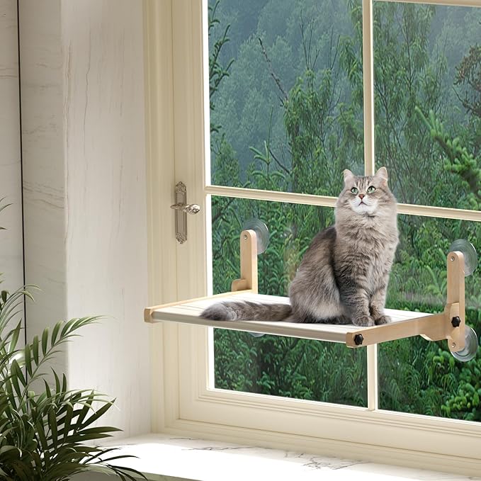 Foldable Cat Window Bed, Solidwood Cat Window Perch with Suction Cups, Heavy Duty Cordless Hammock Seat for Indoor Cats (Large Size)