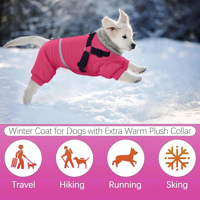 BRKURLEG Dog Winter Coat with Harness Built in, Winter Dog Jacket for Small and Medium Dogs, Small Dogs Snowsuit Reflective Windproof Cold Weather Coat, Puppy Warm Fleece Coats, Hot Pink, XL