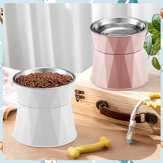 Lallisa 2 Pcs Elevated Cat Bowls Adjustable Raised Cat Feeder Non Slip Food Water with Stand Safe Stainless Steel Bowls with Pet Food Stand for Pets Feeding Eating(Pink, White)
