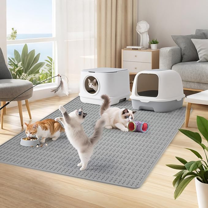 Cat Litter Mat,47x35in Extra Large Litter Mats Silicone,Waterproof Floor Litter Box Mat Indoor,Jumbo Washable Cats Litter Mat Litter Trapping Mat Easy Clean XXL(Grey)