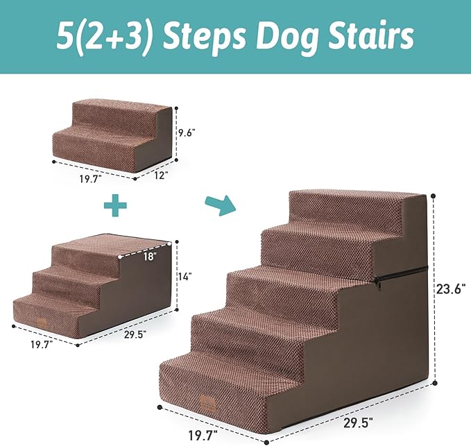 Dog Stairs for Small Dogs, 5 Tier Removable Wider Pet Stairs for Couch and Bed, 23.6" H Non-Slip Dog Steps for Puppies and Old Cats with Support Board, 19.7x29.5x23.6 inch, Brown