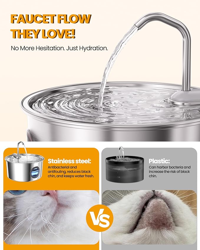 Cat Water Fountain Stainless Steel - 108oz/3.2L Automatic Cat Water Fountain for Drinking with 3 Pcs Filters, Metal Pet Water Fountain Water Dispenser for Cats, Puppy Dogs, Multiple Pets