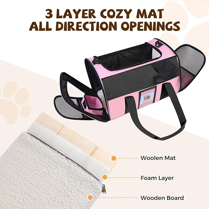 Pet Carrier 17Lx12Wx11H inches, Airline Approved,Pet Travel Carrier Bag for Small Cats and Dogs, Soft Dog Carrier for 1-25 LBS Pets,Dog Cat Carrier with Safety Lock Zipper (Pink)