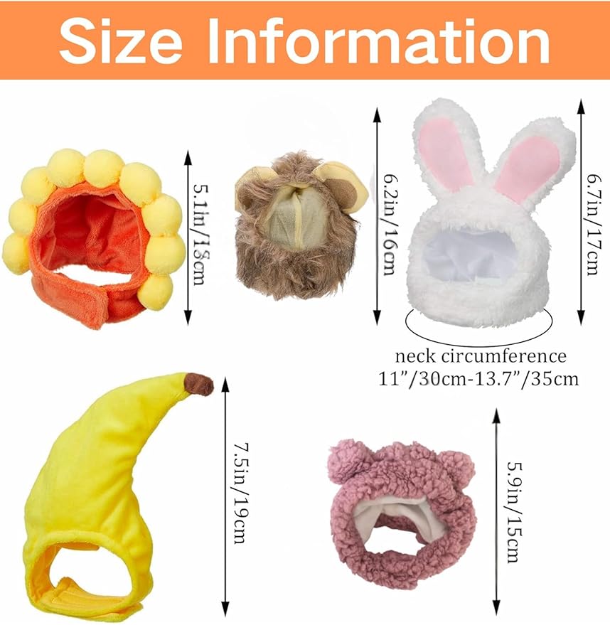 5 Pcs Cat Costume Hats – Cute Lion Mane & Bunny Ears Headwear for Cats,Kitten Puppy Party Easter Costume Accessory Headwear(Lion, Bunny, Banana,Sunflower,Purple Bear)