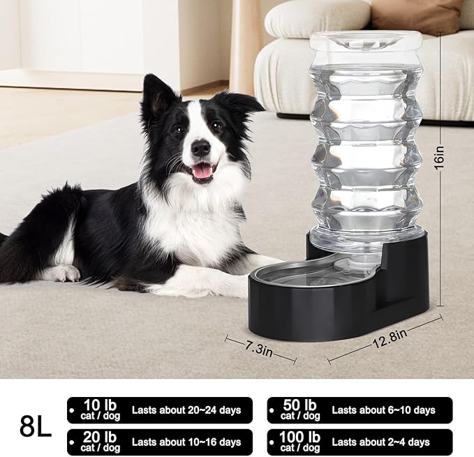 RIZZARI Dog Water Dispenser Bowl: 8L Large Black Stainless Steel Automatic Pet Dispenser with Replaceable Filter - Anti-Splash Design for Busy Owners
