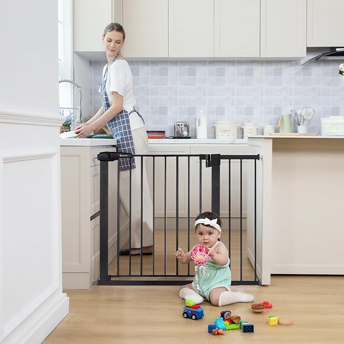COMOMY 30" Tall Baby Gate for Stairs Doorways, Fits Openings 29.5" to 40.5" Wide, Auto Close Extra Wide Dog Gate for House, Pressure Mounted Easy Walk Through Pet Gate with Door, Black