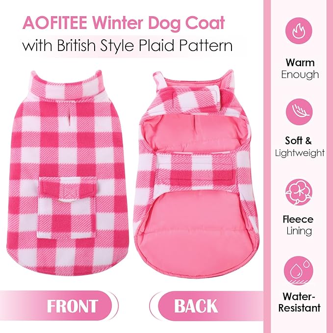 AOFITEE Dog Coat Plaid Dog Winter Coat for Small Dogs, Warm Dogs Jacket Christmas Sweater, Waterproof Pet Puffer Jacket, Reversible Pet Cold Weather Coats for Small Medium Large Pets, Pink S