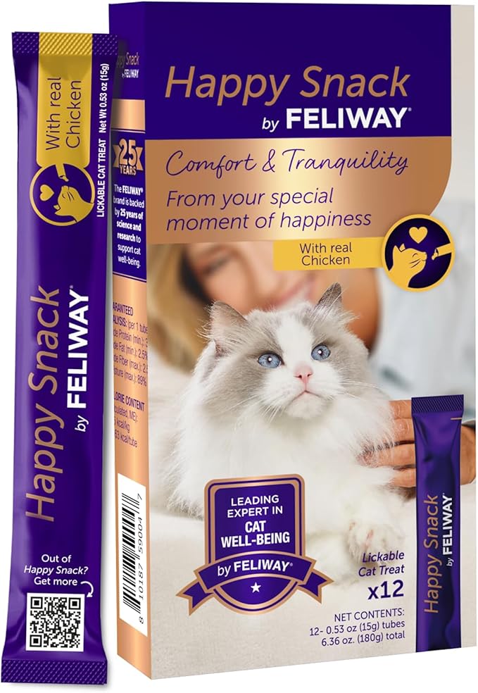 Feliway Happy Snack, Delicious, Lickable, Squeezable Purée Cat Treats for a Daily Calming Routine, Made with Real Chicken, 12 Pack (0.5oz Tubes)
