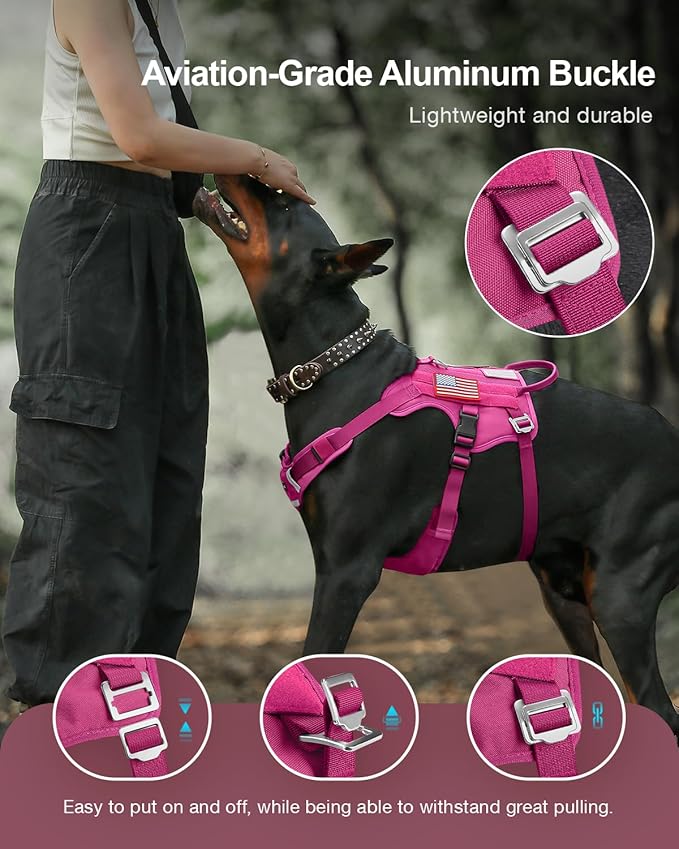 FAYOGOO Tactical Dog Harness for Large Dogs - Dog Harness Escape Proof with Handle - No Pull Military Service Dog Vest with Removable Patches for Walking,Training (Fuchsia, M(Chest:22-27"))