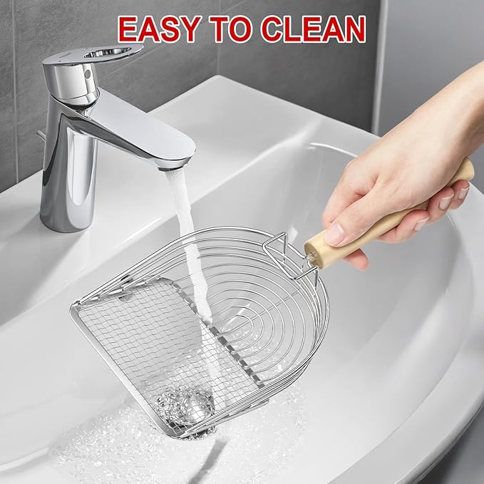 Ownpets Iron Metal Cat Litter Scoop, Heavy Duty Kitty Litter Scooper & Speed Sifter to Catch Small & Large Clumps, with Eucalyptus Wood Handle, Non-Stick Deep Shovel for Effective cleanup