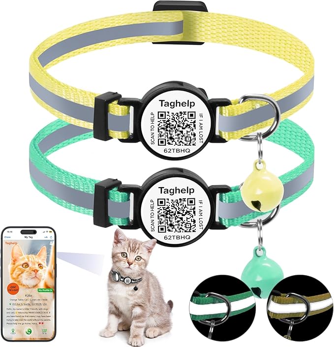 Smart QR Code Cat Collar 2-Pack, Breakaway Reflective Collar with Digital ID Tag - The Smart Upgrade to Personalized Name Collars, Adjustable with Bell (Yellow & Green)