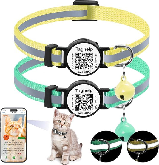 Smart QR Code Cat Collar 2-Pack, Breakaway Reflective Collar with Digital ID Tag - The Smart Upgrade to Personalized Name Collars, Adjustable with Bell (Yellow & Green)