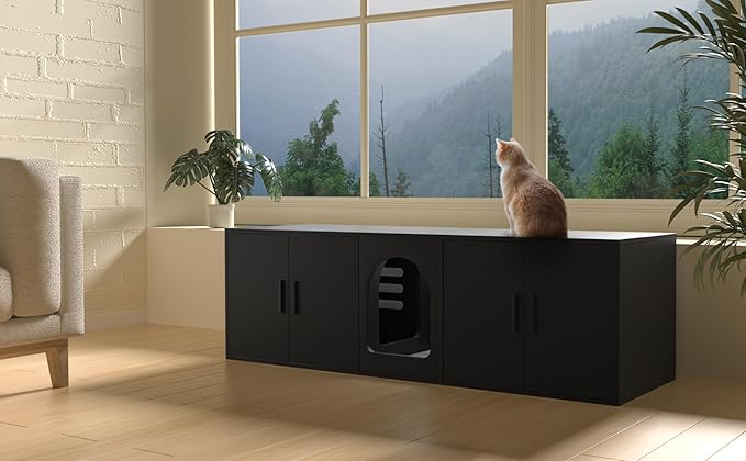 Double Litter Box Enclosure, Litter Box Enclosure for 2 Litter Boxes, Modern Litter Box Furniture for 2 Cats, with Cat Door & Motion Light (Black)