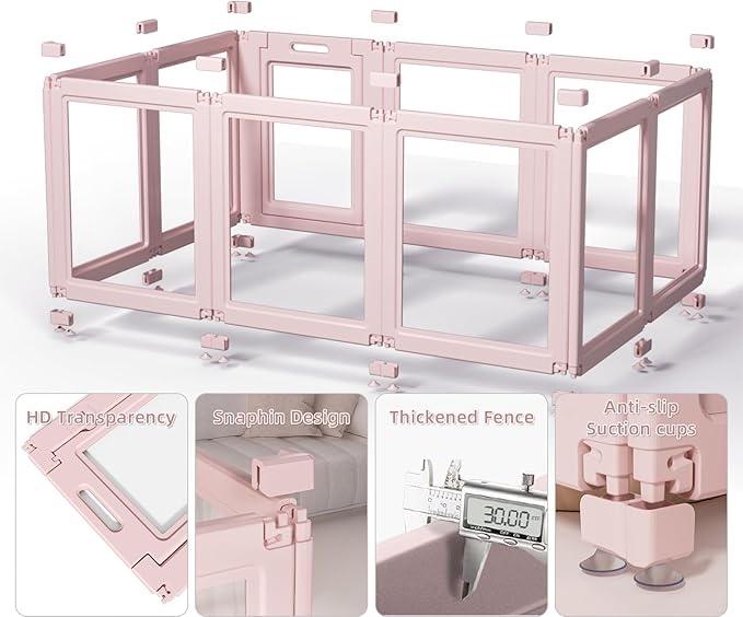 DIY Clear Acrylic Dog Playpen House,Quick Easy Assembly and Disassembly,Strong Floor Suction,Indoor and Outdoor Use,Easy Cleansing Puppy Fence (Skin Pink, 30.3" H, 10PCS)
