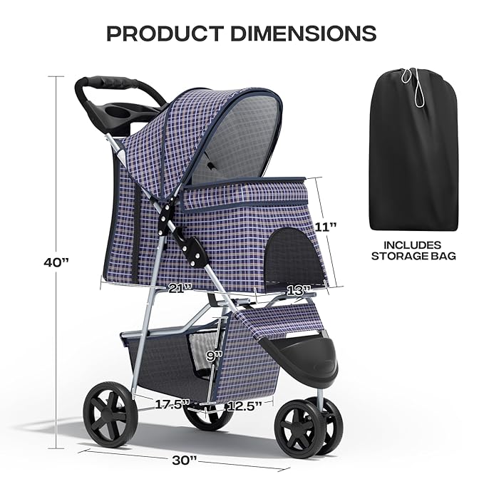 Cat Dog Stroller,3-Wheels Pet Stroller for Medium/Puppy Dogs 30 Lbs, Cat Strollers for 1 Cats, Foldable Dog Stroller with Storage Basket and Cup Holder, Breathable Mesh Plaid