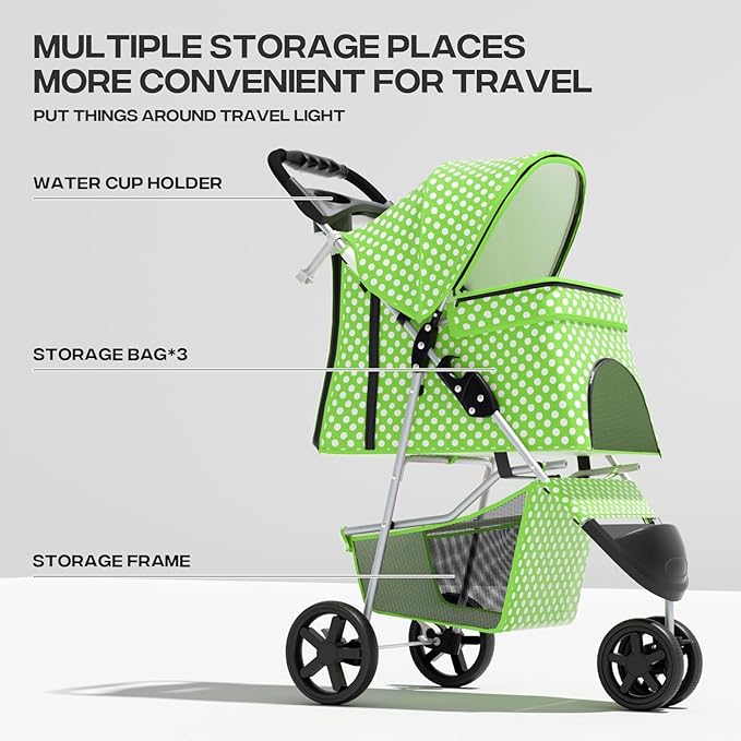 Dog Stroller for Small Dogs 10 Lbs 20 Lbs, Pet for Medium Dogs 30 Lbs, Cat Strollers for 1 Cats, 3 Wheels Foldable Jogger Puppy Stroller with Storage Basket and Cup Holder, Green Polka Dots