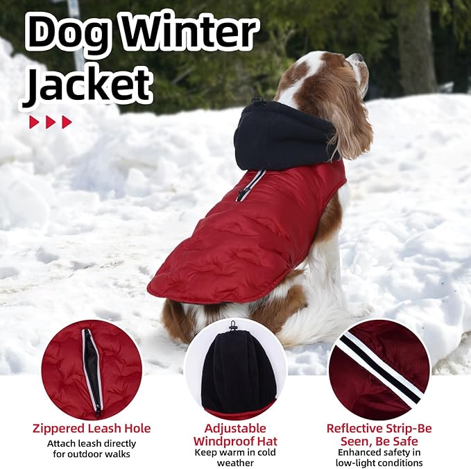 Nanaki Lightweight Dog Down Jacket with Leash Hole-Large Winter Dog Coat Reflective Stripes, Warm Snow Coat with Hood, Windproof Snowsuit for Cold Weather, Puffer Jacket for Outdoor Activities, Red
