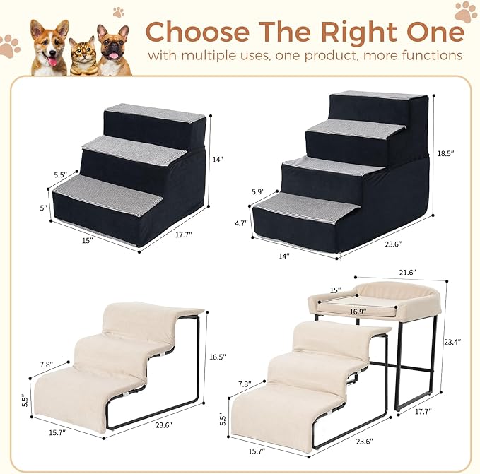 Dog Stairs for Small Dogs and Cats 18.5" H 3-Step DogSteps for High Bed Couch and Sofa High-DensityFoam Dog Ramp withSupporting Boardet Stairs withNon-Slip Bottom Washable Cover