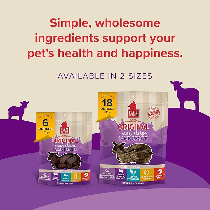 PLATO Pet Treats Real Strips - Air-Dried Meat Bars for Dogs - Delicious, Limited Ingredient Dog Treats - Grain Free - Original Real Strips Lamb 6oz