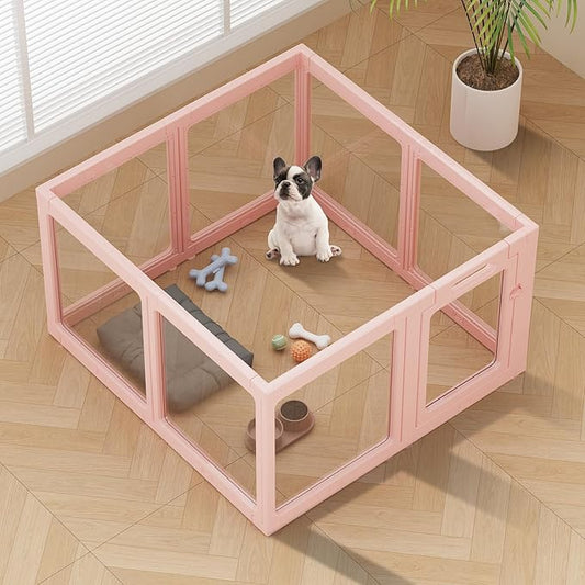 Clear Acrylic Dog Playpen Indoor, Puppy Cat Small Pet Play Pen, Pet Cat Foldable Playpen for Rabbits, Dog Fence Crate Kennel Whelping Cage (Pink, 8 Panel)