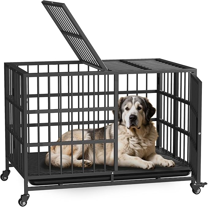 42in Heavy Duty Dog Crate, Rust-Resistant Folding Metal XXL Dog Cage Suitable for Medium to Large Dogs, New Upgrade Single-Handed Latch with Removable Tray and Wheels