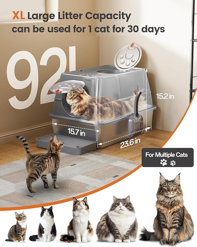 Stainless Steel Litter Box with Lid Large Enclosed High Sided Covered Metal Steel Cat Litter Box with Steps Scoop, Easy Cleaning, Odor Control, Front Entry Top Exit