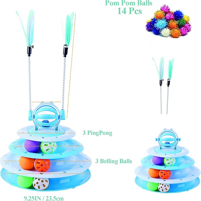 Vealind Cat Toy Roller 4-Level Turntable Cat Toys Balls with Colorful Pom Pom Balls Interactive Fun Mental Physical Exercise Puzzle Kitten Toys (Blue)