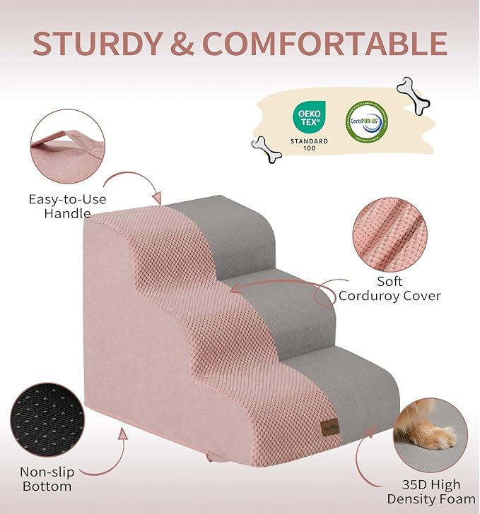 Made4Pets Dog Stairs Ramp for Bed, 4-Step Dog Steps for High Bed Couch Sofa Climbing, 35D Foam Pet Steps for Small Dogs and Cats, Non-Slip Bottom Pet Stairs, Pink