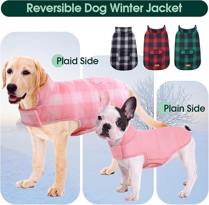 Kuoser Reversible Winter Coat, British Style Jacket for Small Dogs, Warm Windproof Puppy Cold Weather Clothes Vest, Pink XS