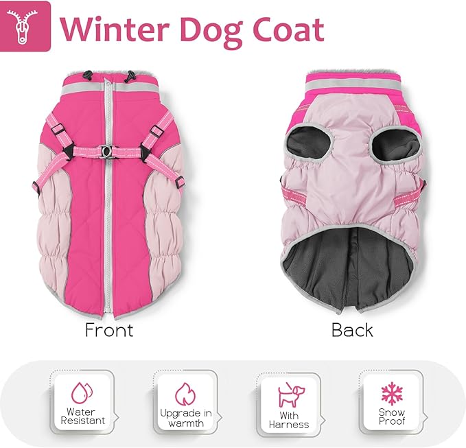 Dog Winter Coat with Harness, Dog Jacket, Pet Clothes with Zipper on Back, Waterproof Windproof Warm Vest, Reflective Cold Weather Coats, for Small Medium Large Dogs, Thick, Pink, L