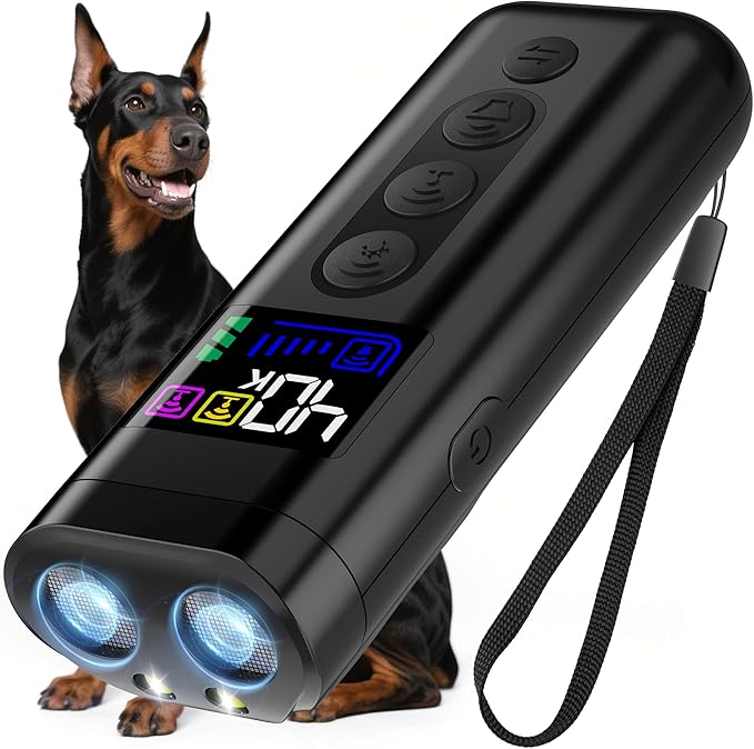 Dog Bark Deterrent Device – 65FT Range Anti Barking Device for Dogs, Stops Neighbor’s Dog Barking with 3 Ultrasonic Frequencies (25/30/40kHz) & 5 Sound Modes, for Indoor & Outdoor Training