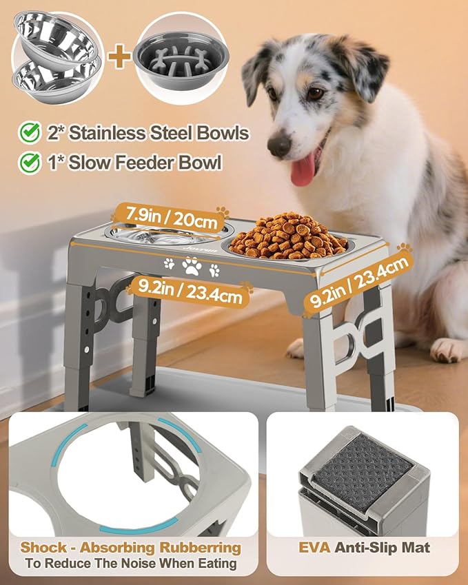 Elevated Dog Bowls, Dog Feeder with 2 Stainless Steel Dishes &1 Slow Feeder Bowl, 5 Heights Adjustable Raised Stand for Medium Large, Food Dishes with Non-Slip Feet